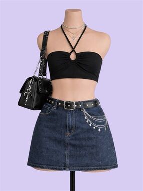 Shein Black Halter Neck Crop Top Tie Strap Stretch Size S Party Y2K Festival